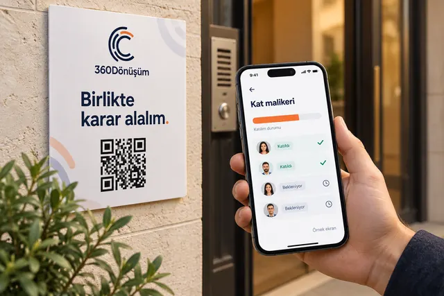 Apartman girişindeki QR kodlu davet afişi önünde kat malikleri listesini gösteren elde tutulan telefon.