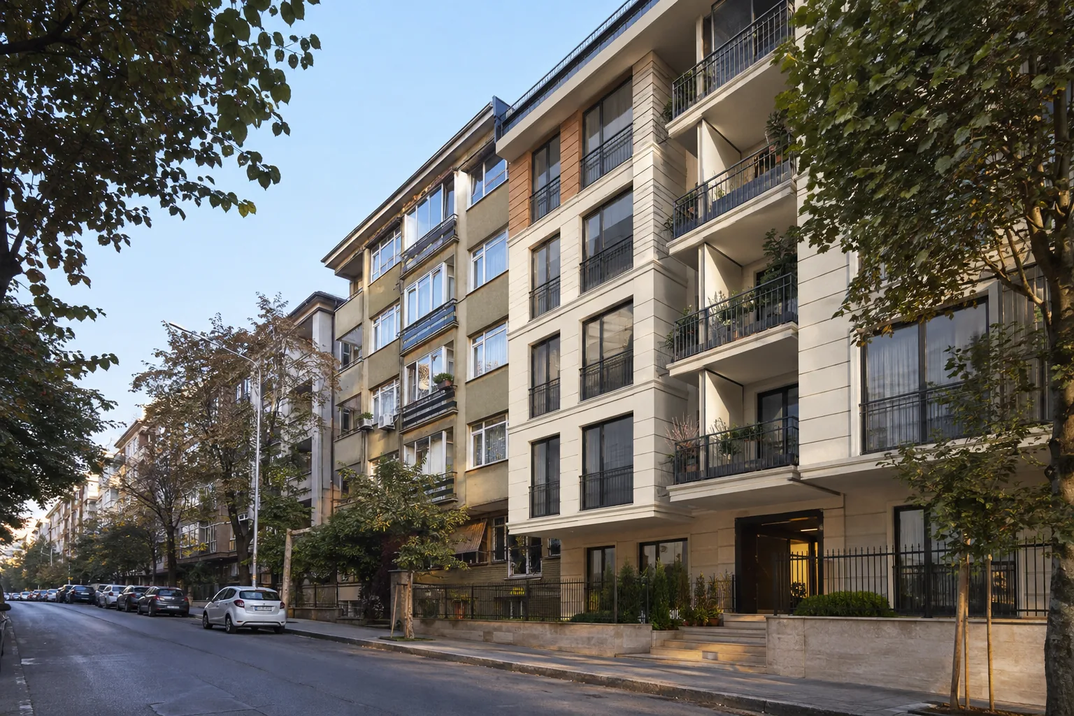 Ağaçlı bir sokakta farklı dönemlerde yapılmış apartmanları gösteren temsili kent görüntüsü