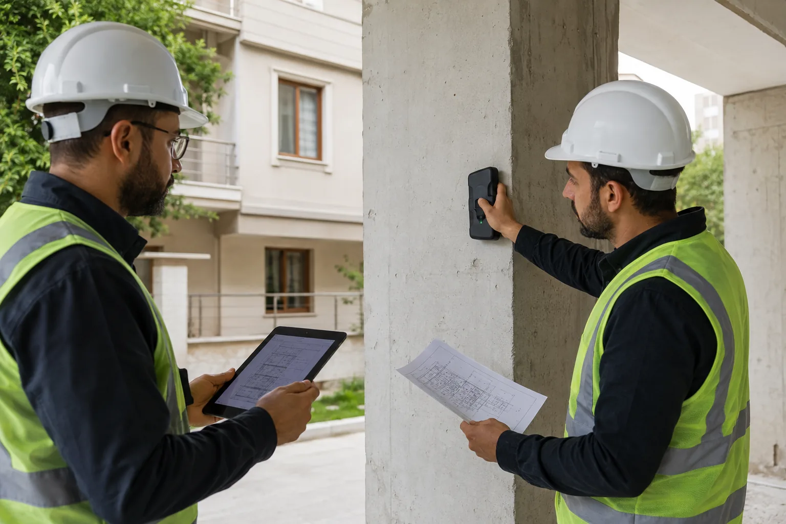 Betonarme bir kolonda inceleme yapan iki mühendisin yapay zekâyla üretilmiş temsili görüntüsü